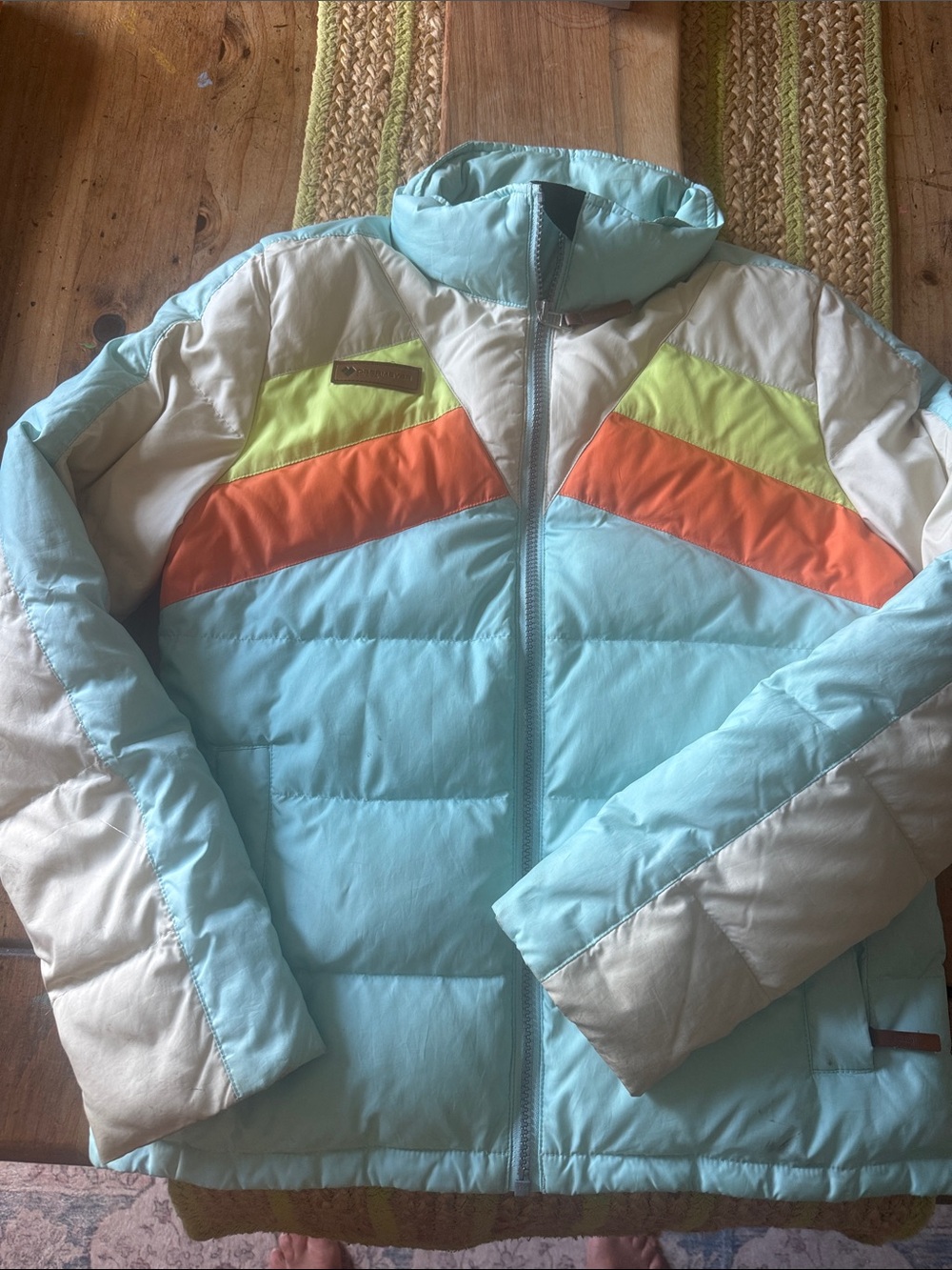 Obermeyer Light Blue Puffer Jacket with Orange & Lime Accents